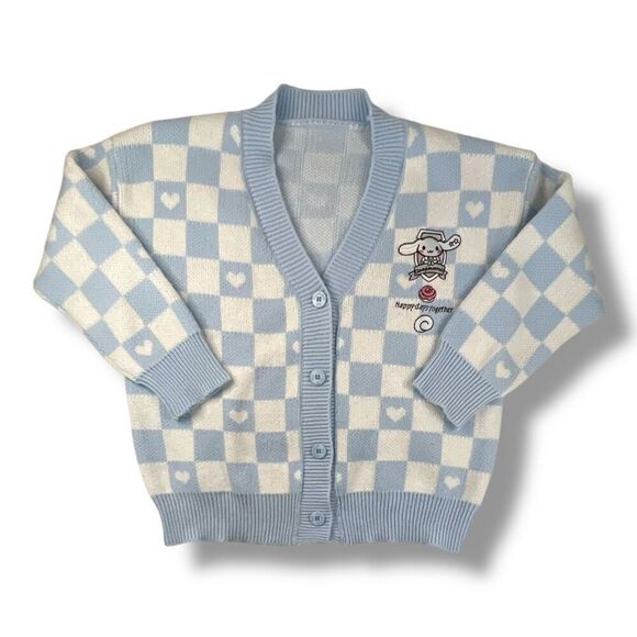 Sanrio  Cinnamonroll Hello Kitty Blue White Checkered Cardigan Sweater Size Medi - Picture 1 of 6